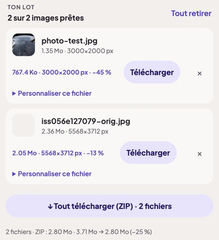 L’outil Compresser de ConvertiPic avec deux images compressées et le résumé du gain sous le bouton ZIP