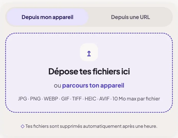 La zone de dépôt de la page HEIC en JPG de ConvertiPic, avec les onglets « Depuis mon appareil » et « Depuis une URL »