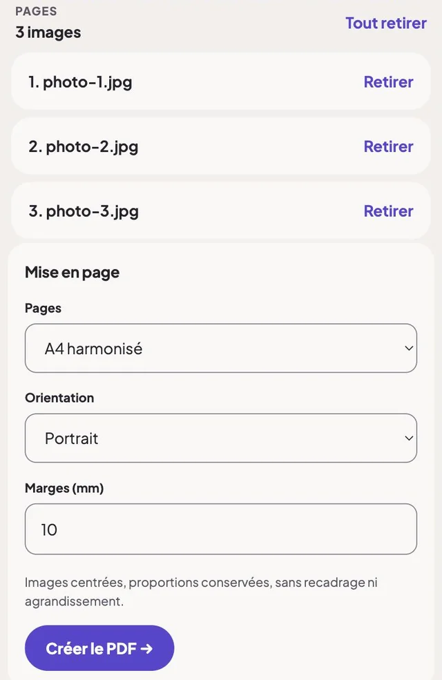 La page Créer un PDF de ConvertiPic avec trois images ajoutées et les réglages de mise en page