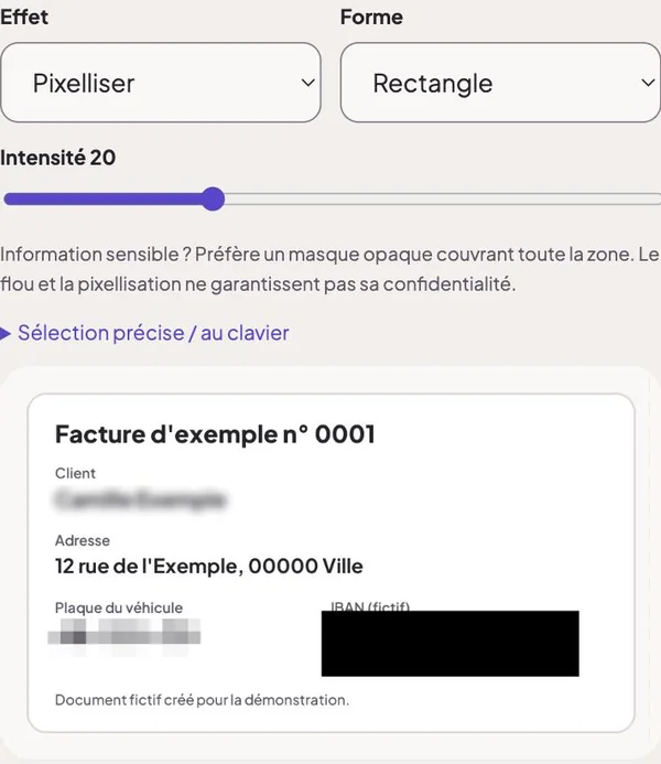 L’éditeur de ConvertiPic avec un document fictif : le nom est flouté, la plaque pixellisée et l’IBAN recouvert d’un masque noir
