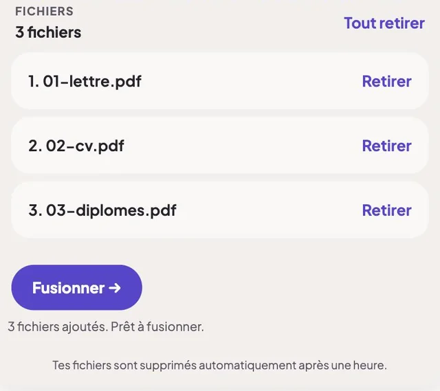 La page Fusionner des PDF de ConvertiPic avec trois fichiers dans la liste, prêts à être fusionnés
