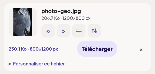 Une ligne de l’outil Pivoter de ConvertiPic avec la miniature tournée, les quatre boutons de rotation et de miroir, et la taille du résultat